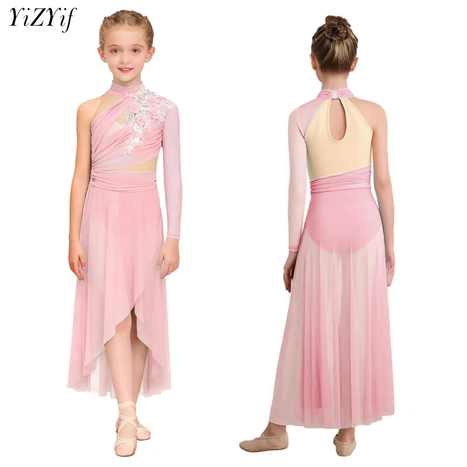 Vestito da ballo lirico per ragazze Applique monospalla Maglia trasparente Pattinaggio di figura Ginnastica ritmica Body da balletto Abbigliamento da ballo moderno