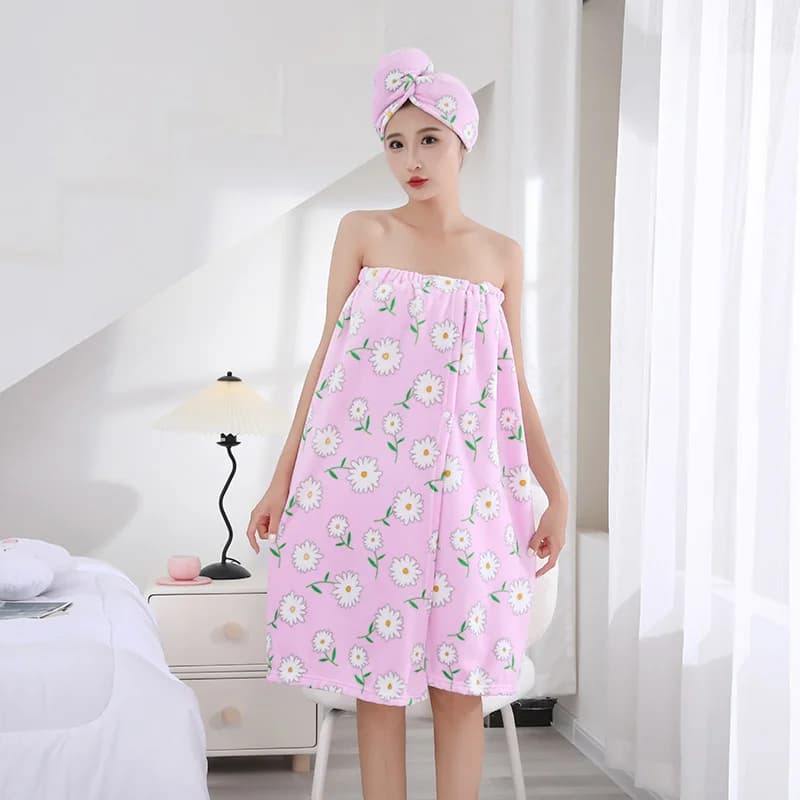 Printed strapless skirt, shower cap, women's home summer bath towel, soft bathrobe, absorbent dry hair cap, two-piece set