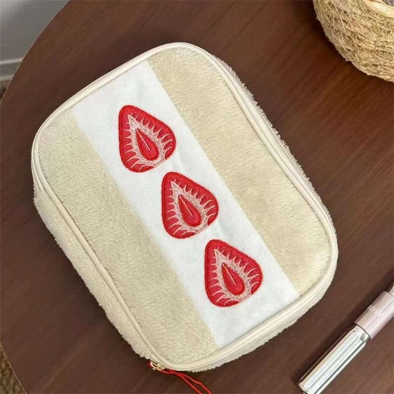 Sweet Embroidery Strawberry Pen Bag Large Capacity Portable Stationery Pen Case Cosmetic Makeup Storage Bag Student Supplies