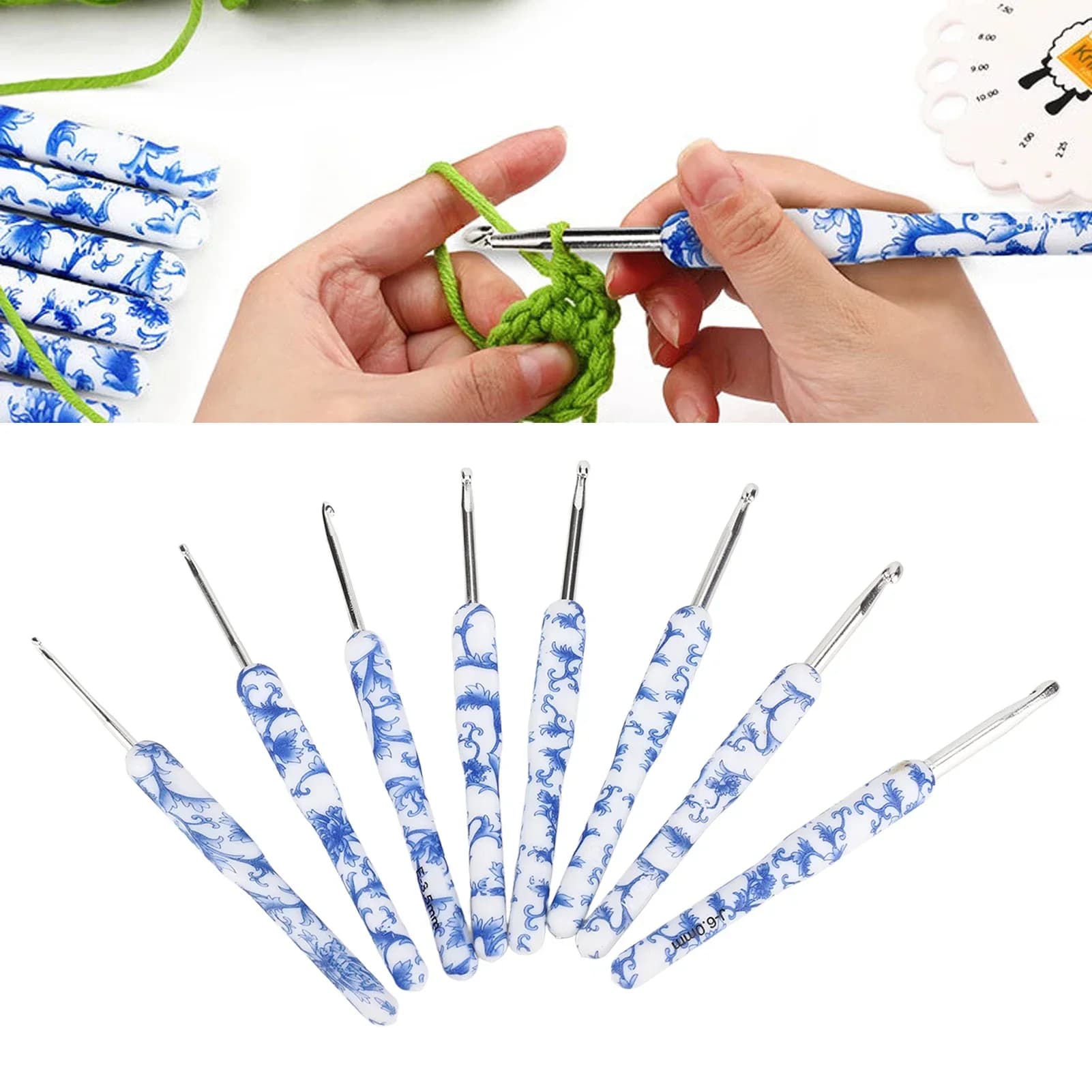 Set di 8 ganci per uncinetto, stampa in porcellana bianca blu, ago fai da te artigianale lucido a mano con manico umanizzato per principianti