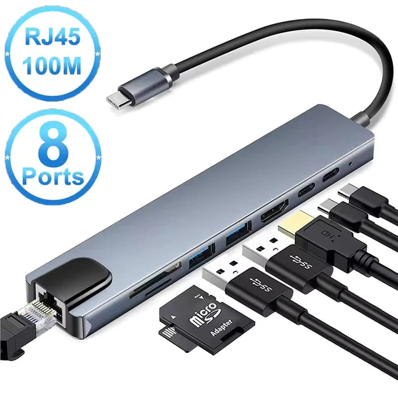 Adattatore hub USB 8 in 1 tipo C da 3.1 a 4K compatibile HDMI con lettore di schede SD/TF RJ45 PD ricarica rapida per computer portatile MacBook