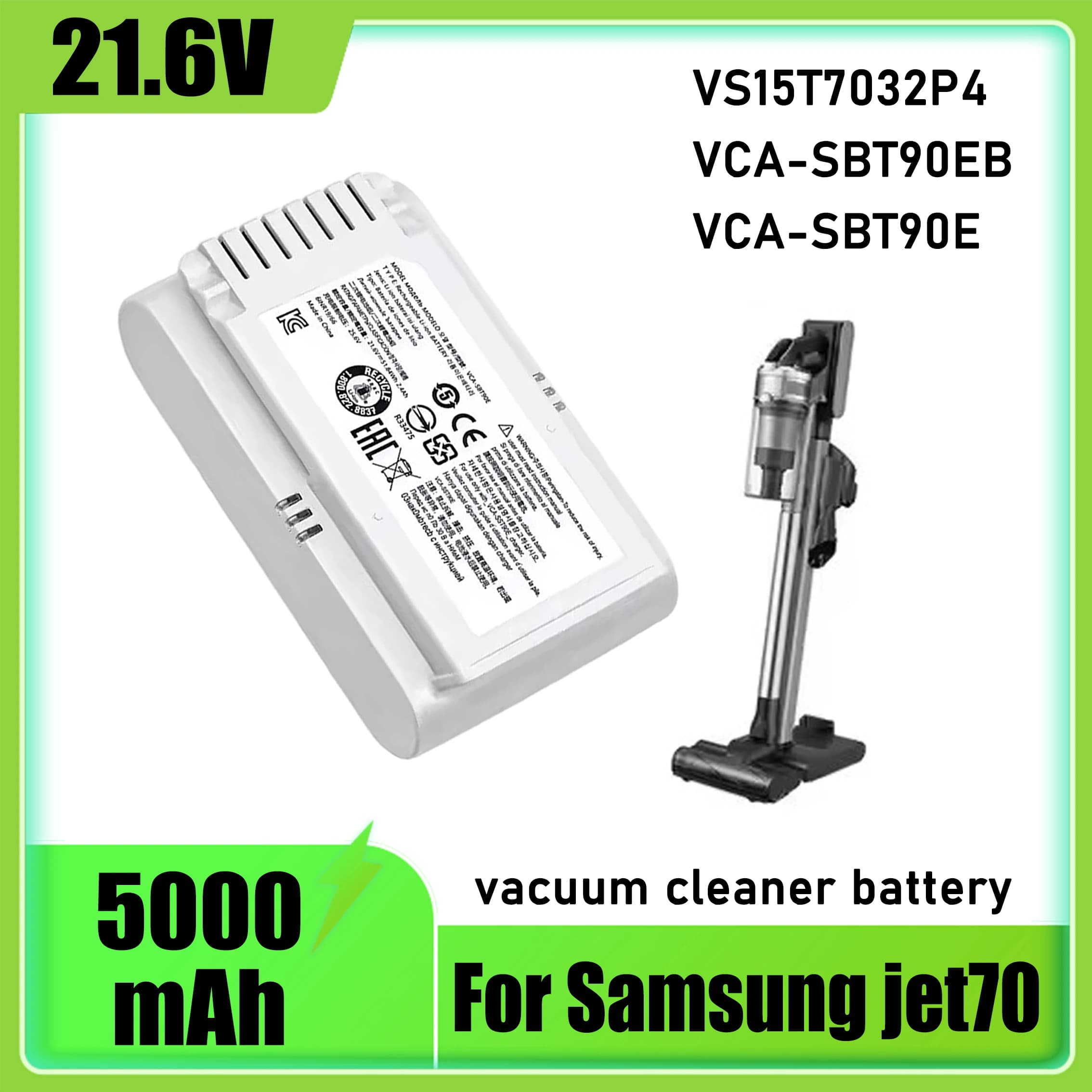 21.6V lithium-ion battery, replacement battery for Samsung Jet 70 VS15T7032P4 VCA-SBT90E vacuum cleaner