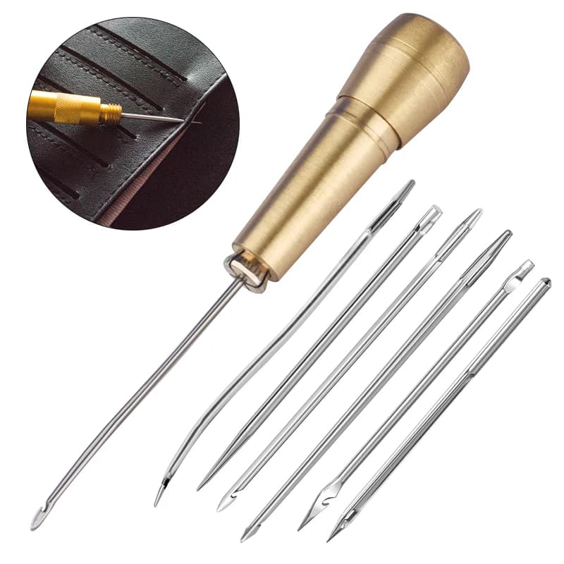 Kit punteruolo per cucire in pelle Manico in rame Strumento per la riparazione di scarpe con cavo in nylon Filo per punzonatura Aghi per cucire Cucito fai da te Lavorazione della pelle