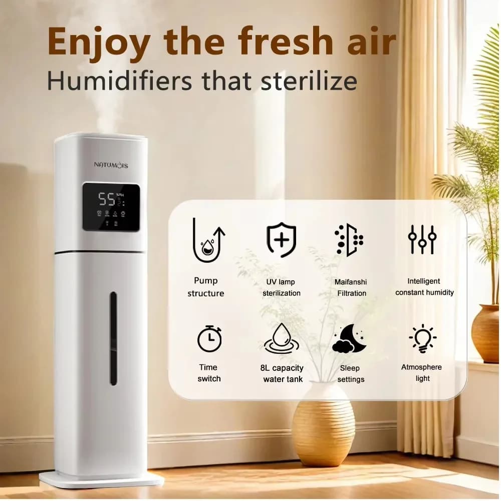 Umidificatore domestico da 8 litri Purificatore a nebbia d'aria UV ad ultrasuoni di grande capacità montato a pavimento Silenzioso Efficienza energetica Ricarica facile da pulire