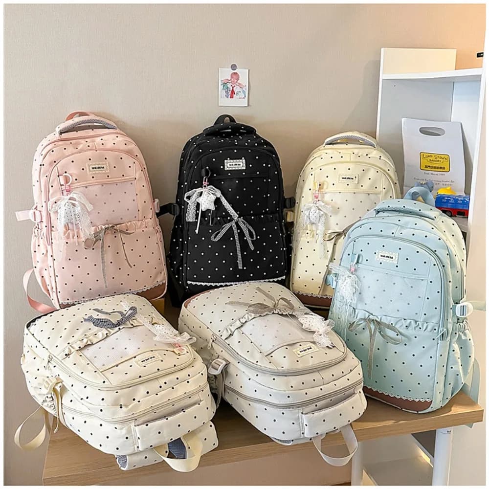 Lightweight nylon fabric polka dot cute bow backpack, adorable student schoolbag, Kawaii travel backpack