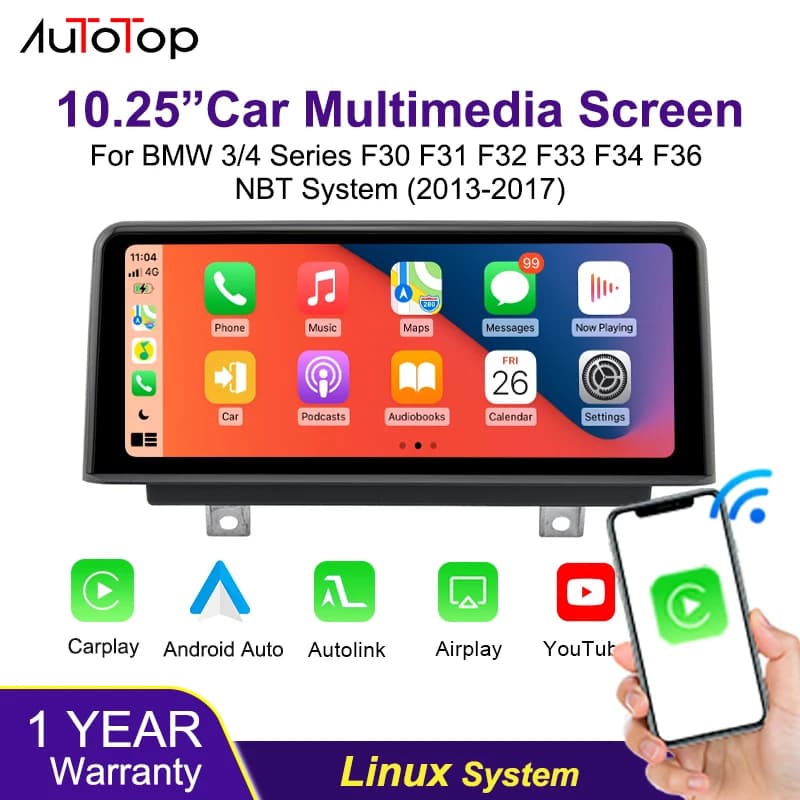 AUTOTOP 10.25 "1920*720 Wireless Carplay Android Auto Lettore multimediale per auto per F20 F21 F22 F30 F31 F32 F33 F34 F36 NBT 2013-2017