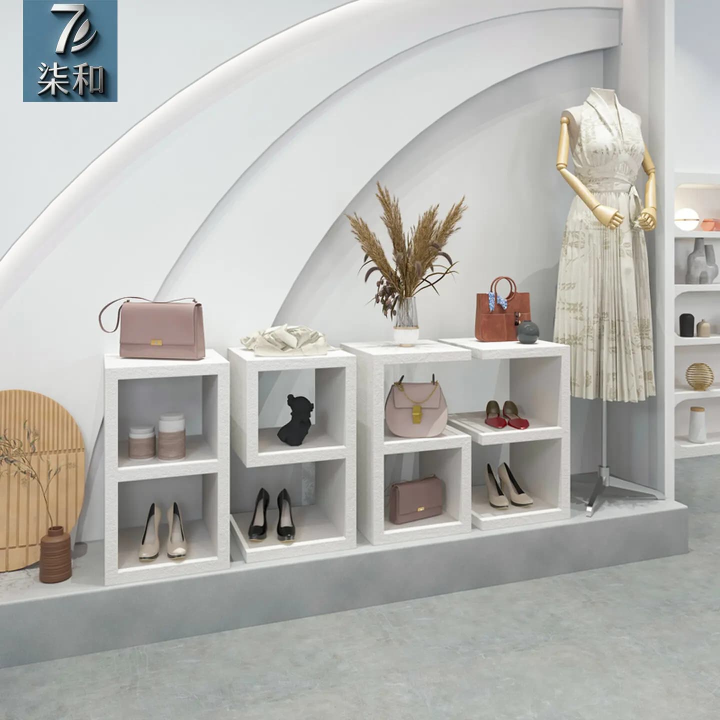 Espositore per vetrine di negozi di abbigliamento, espositore Nakajima, tavolo espositivo alto e basso, espositore per scarpe e borse, tavolo con vasca d'acqua