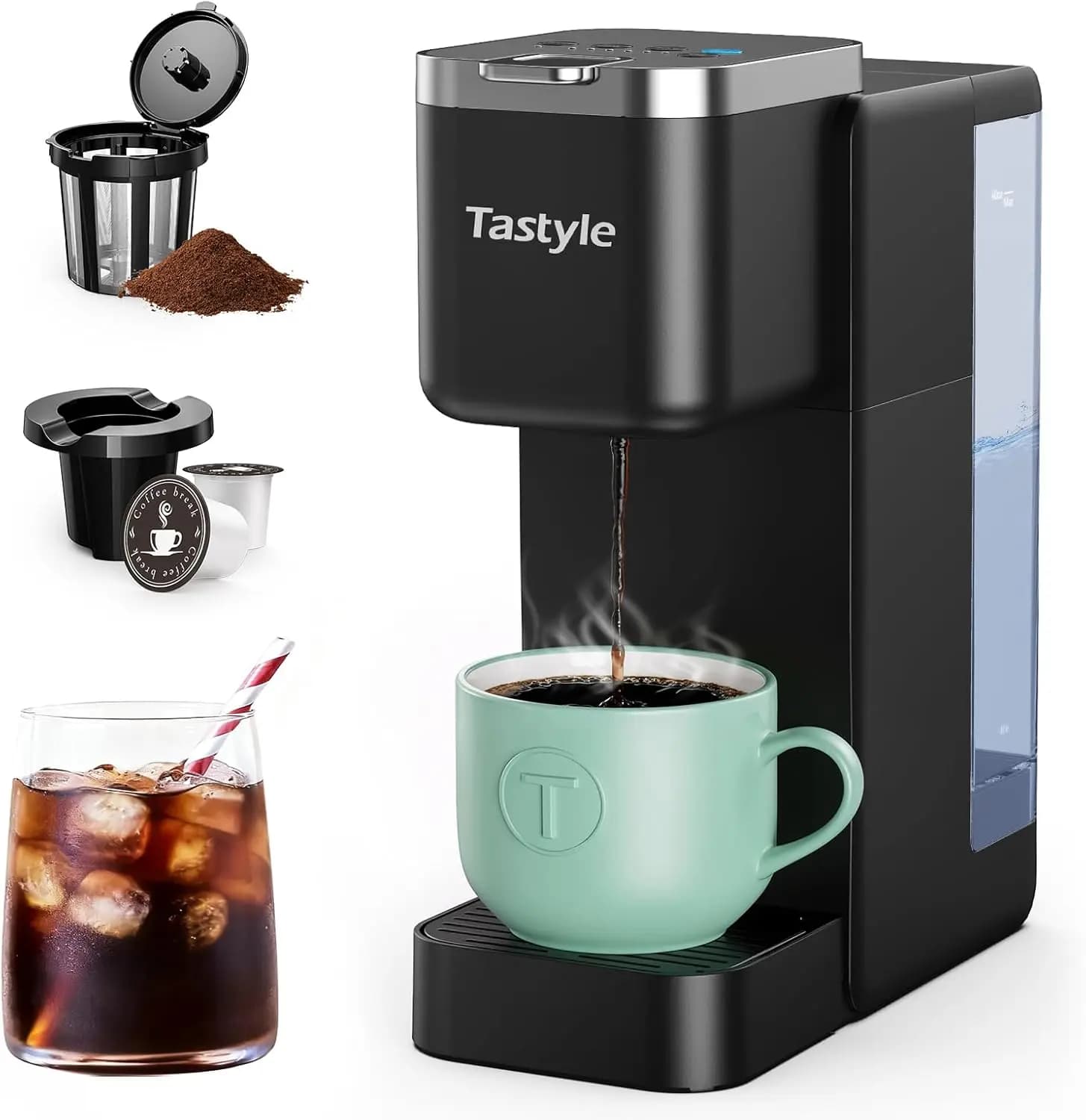 Macchina da Caffè Compatta Monodose per Caffè Caldo e Freddo, Compatibile con Capsule e Caffè Macinato, Serbatoio da 40oz, Adatta a Tazze da Viaggio