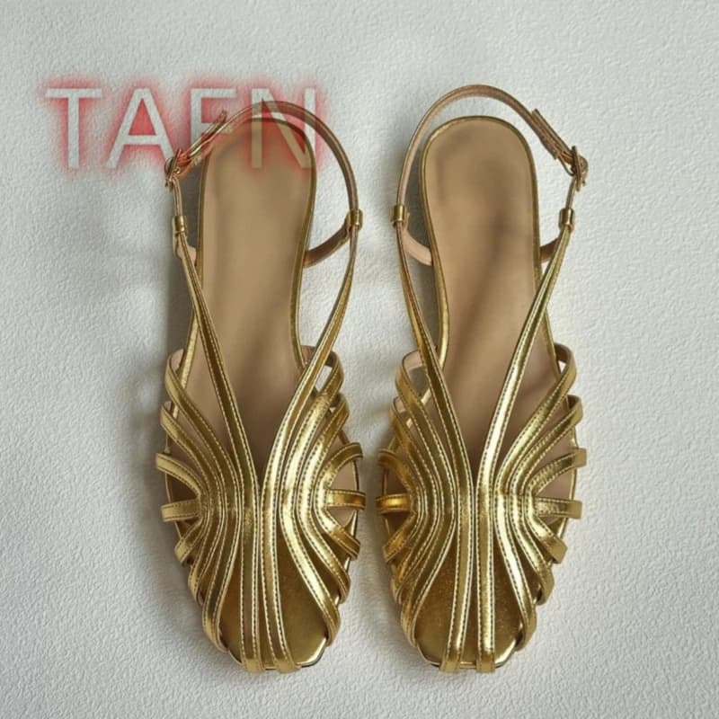 Women's Metallic Gold Flat Sandals, Round Toe Hollow Out Cage Sandals,Woven Slingback Casual Flats for Summer,Comfortable Flats