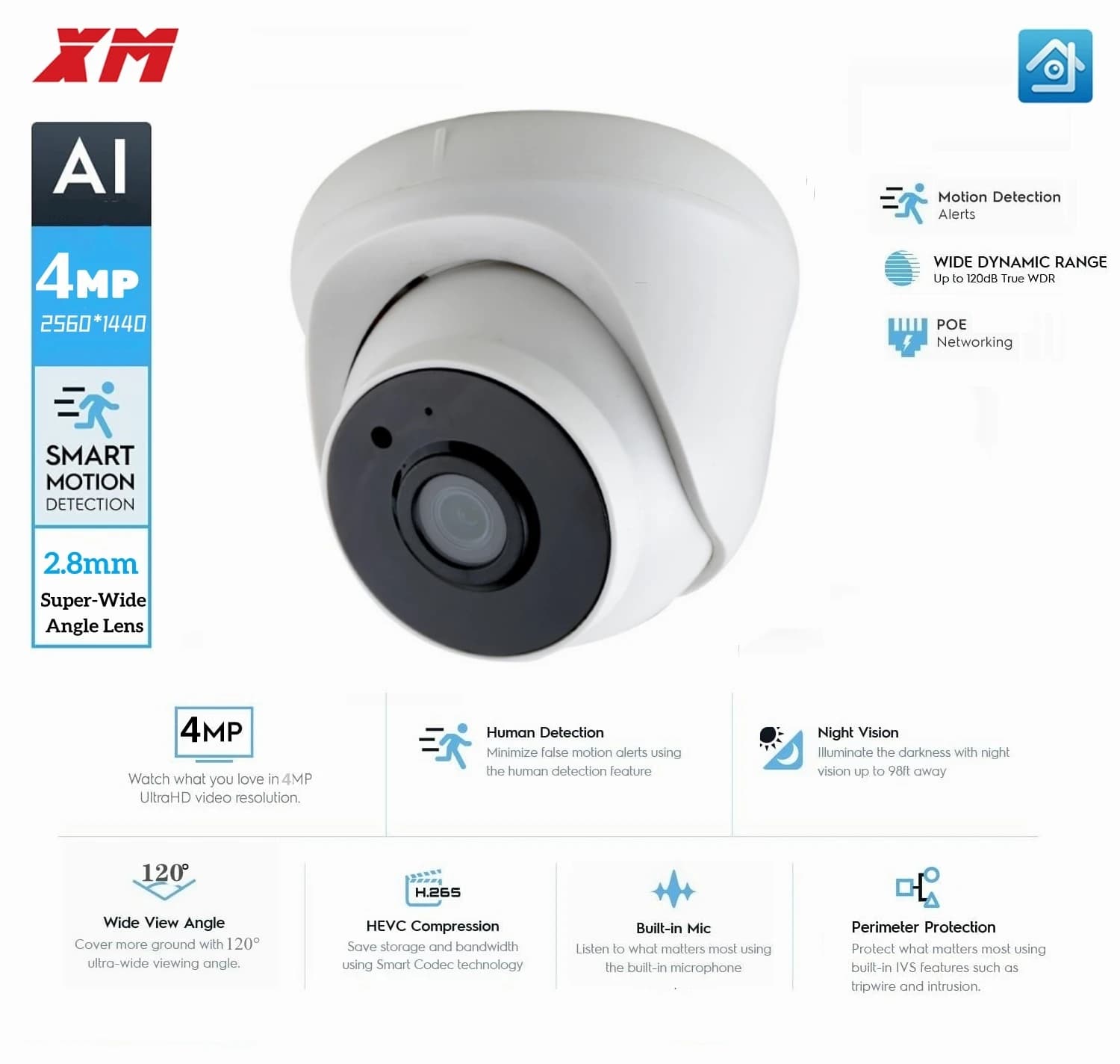 Telecamera IP XM HD 4.0MP Audio per interni Dome Cam obiettivo IR 2.8mm IP CCTV telecamera di sicurezza rete P2P Android iPhone XMEye View