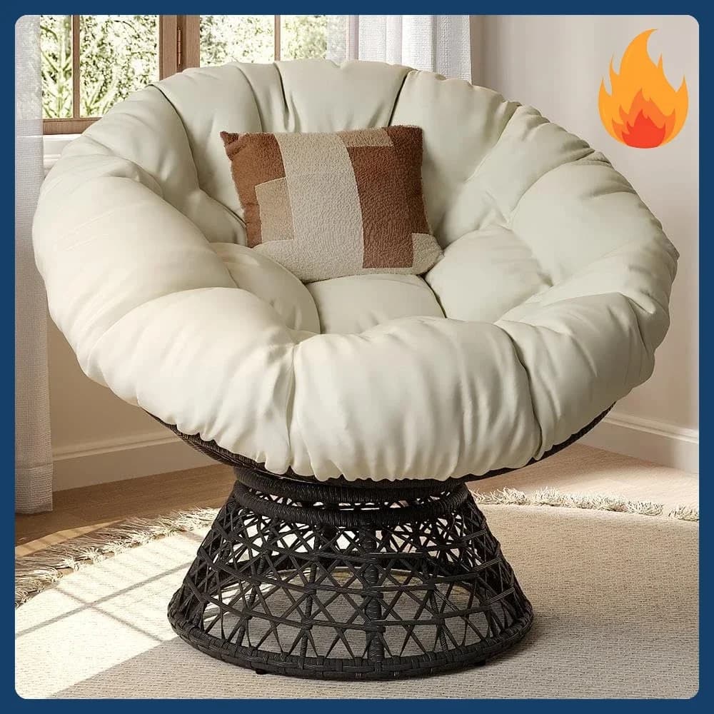 Offerta imperdibile! Poltrone Papasan da Interno con Cuscini Spessi Trapuntati e Struttura, Sedie Girevoli Ergonomiche in Vimini per Lettura e Relax nel Soggiorno