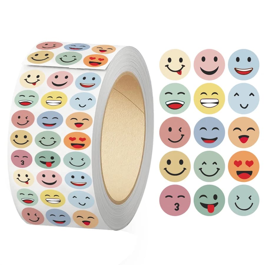 Rotolo di adesivi colorati con faccine sorridenti da 1500 pezzi, etichette rotonde con espressioni, sigilli decorativi autoadesivi per imballaggi, premi