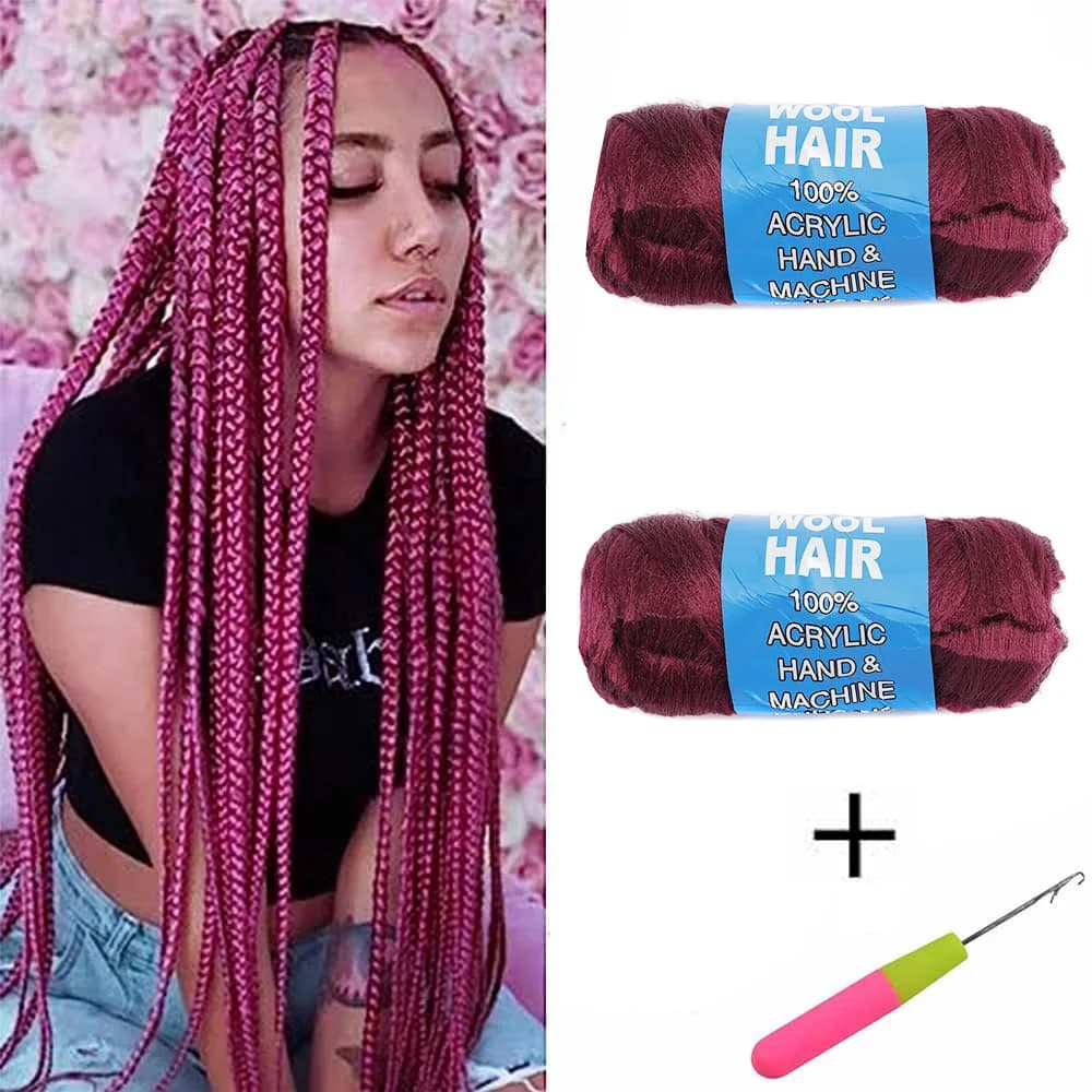 2Packs Brazilian Yarn Wool Arylic Thread for Hair+Crochet Hook African Braid Twist Warps Synthetic Fiber Hair Extension
