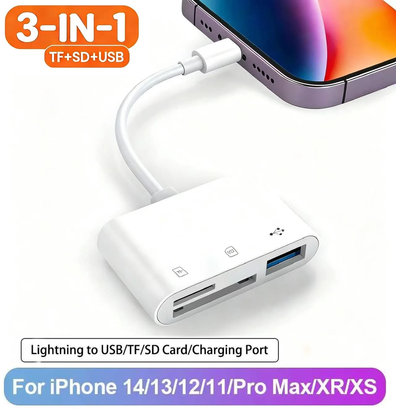 iPhone 3‑in‑1 Card Reader Lightning Type‑C USB‑A SD TF Memory Card Adapter Plug Play for iPhone 15 14 iPad Android PC Camera U D