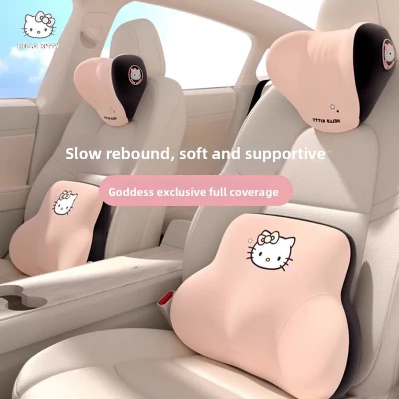 Set di Supporto Lombare e Poggiatesta in Memory Foam Hello Kitty, Cuscino per il Collo e Schienale per Sedile Auto, Comfort Traspirante in Tessuto di Poliestere