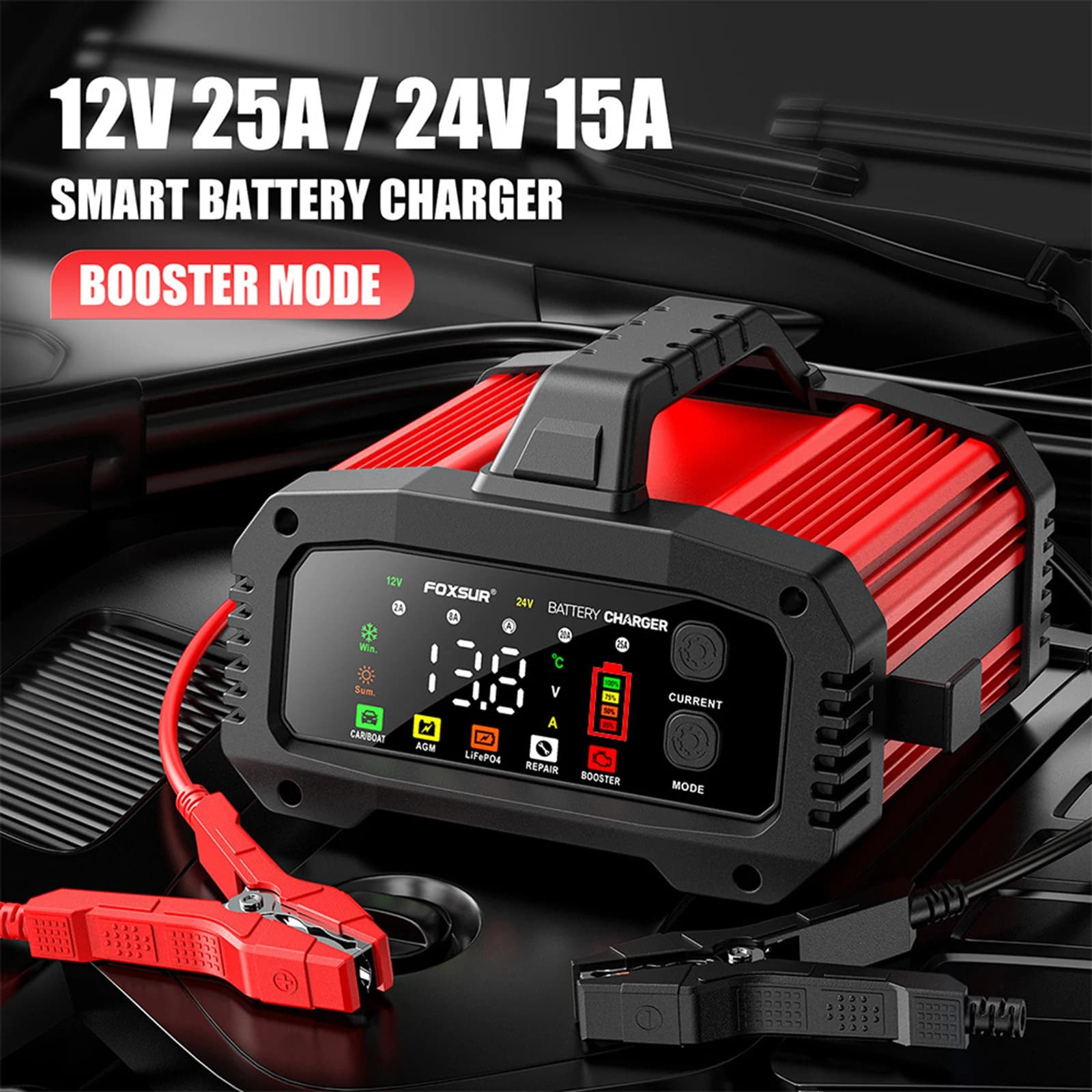 Intelligent Charger for Auto FOXSUR 25A 12V/25A Portable Charger Power Supply In Aluminium Alloy