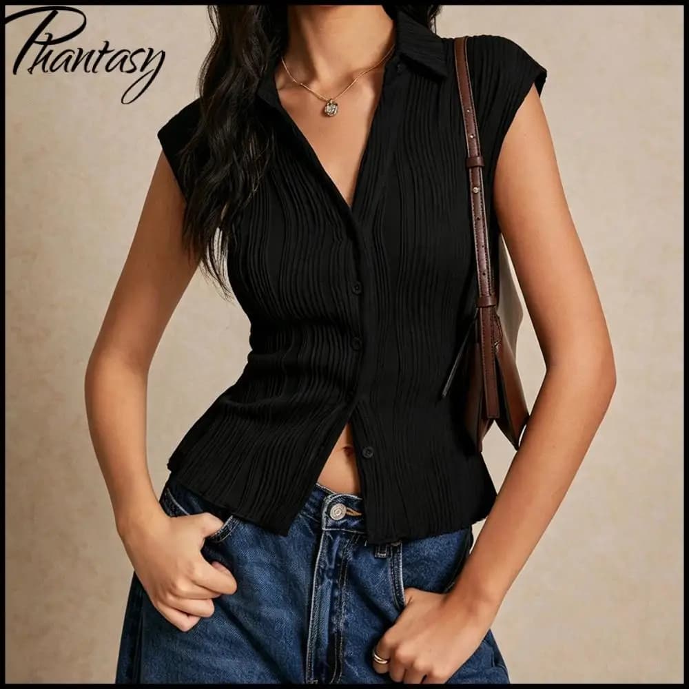 Phantasy Women Cap Sleeve Collar Shirt Vertical Pleated Button Down Crop Top Elegant Slim Fit Blouse Vintage Casual Short Blouse