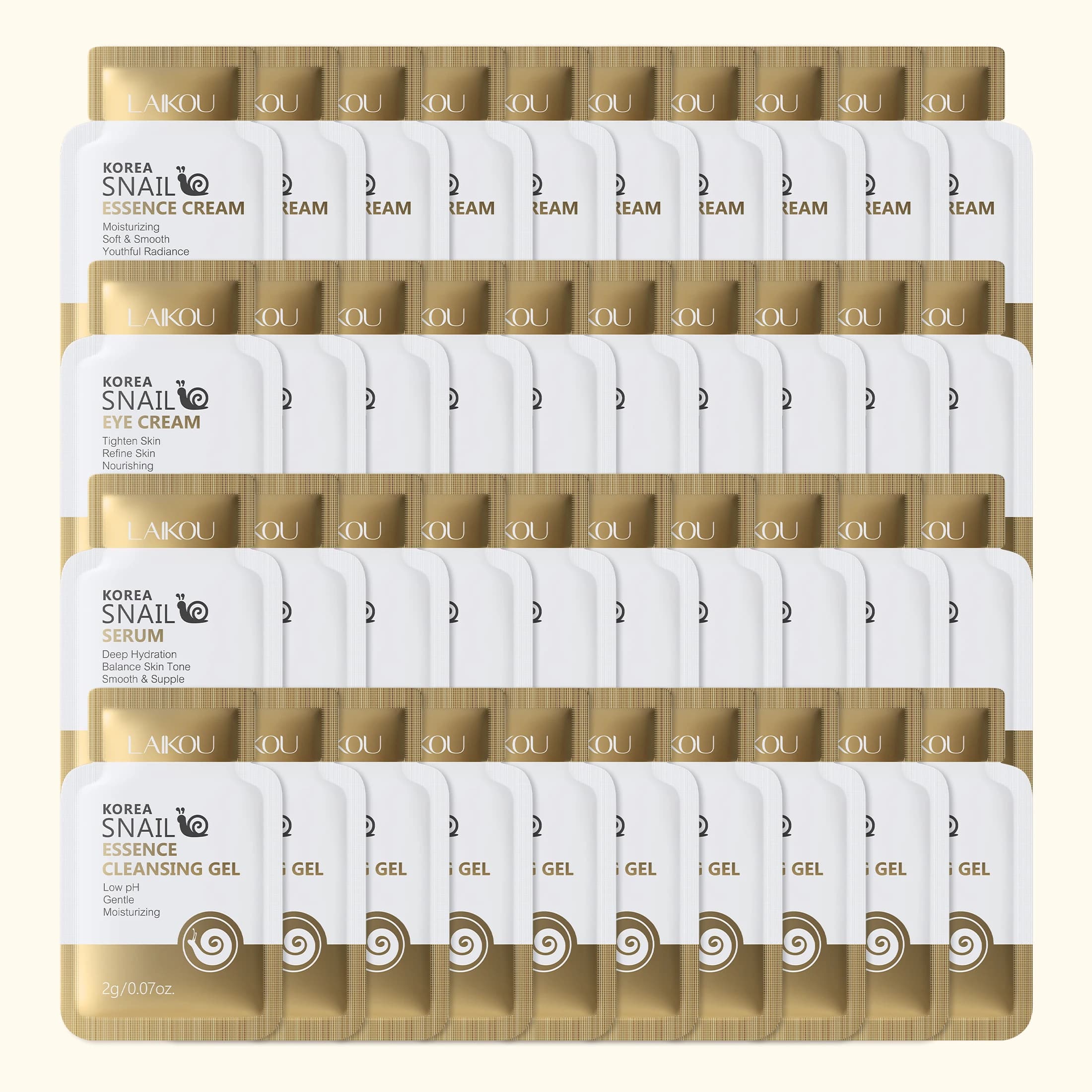 40Pcs LAIKOU Snail Extract Skincare Sachet Trial Set, Cleanser Serum Eye Cream Face Cream Mini Anti-Aging Facial Sample Kit