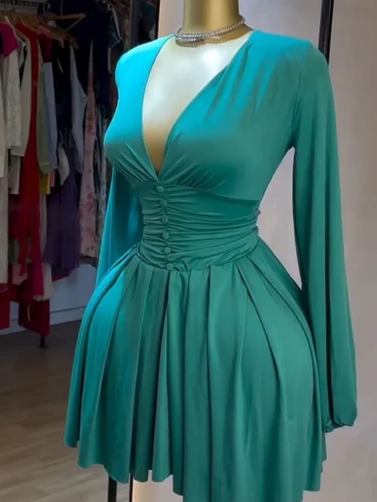 Wmstar Dresses Women Wholesale Solid Women's Pleated Deep V Neck Long Sleeved Dress with A New Style Skirt Women Clothing