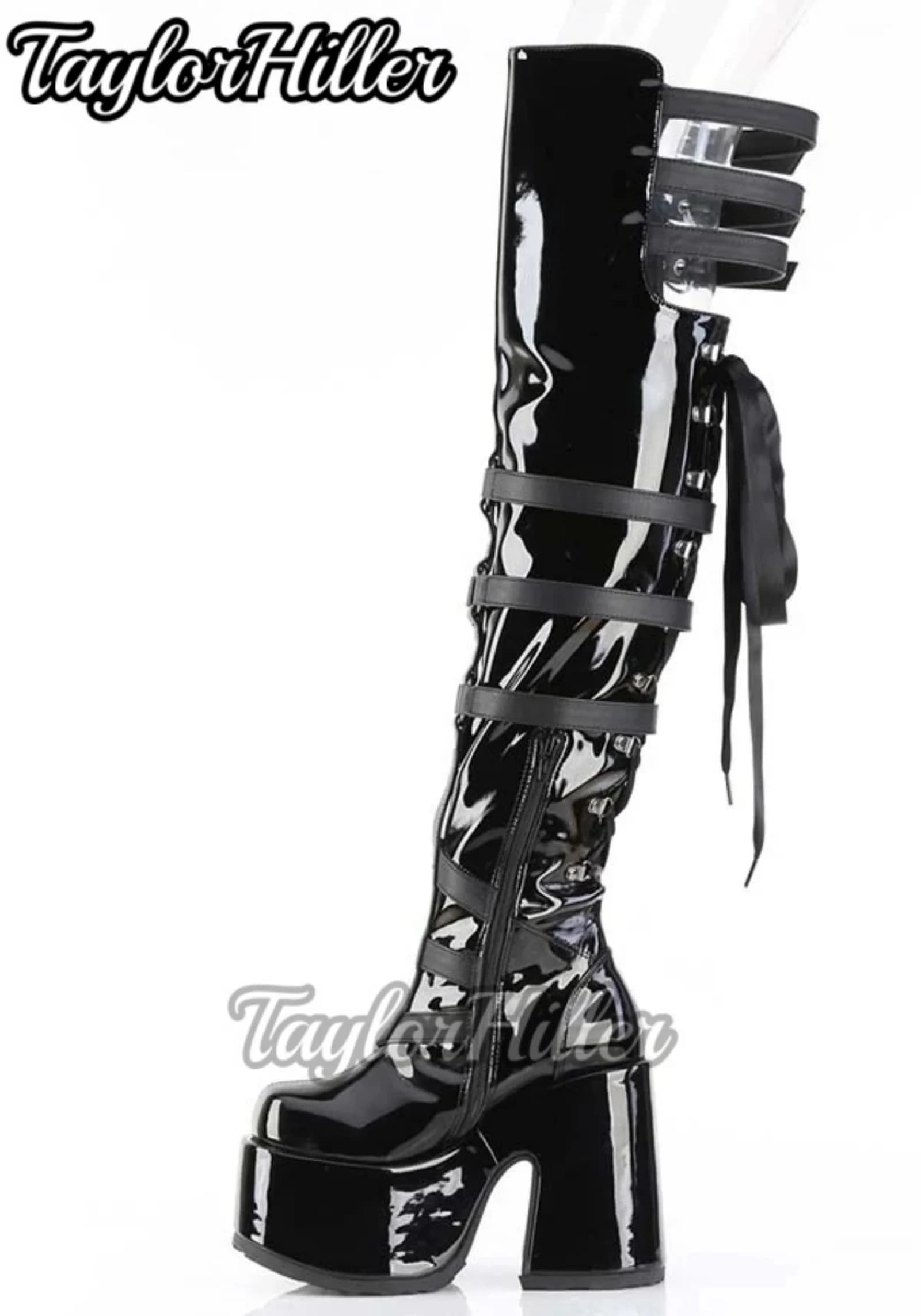 Stivali neri gotici Piattaforma Botas in pelle verniciata Punta tonda Multi fibbie Scarpe da donna Designer di lusso Autunno Inverno Tacchi Y2K Nuovo
