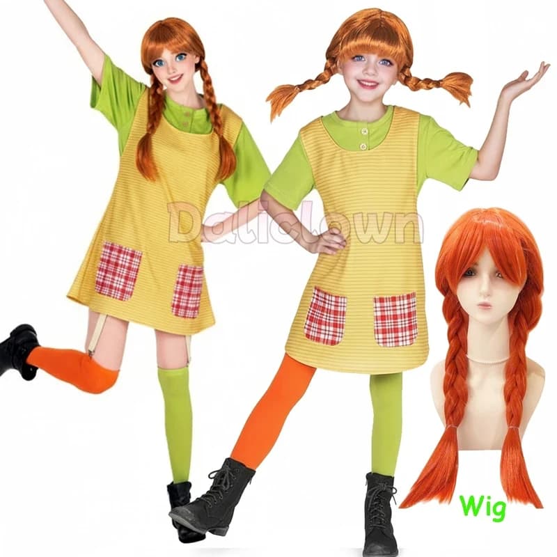 ⭕️ ⭐️ ⭕️ Costume Cosplay Anime Pippi per Donna Adulta, Parrucca Lunga Intrecciata, Calze, Grembiule, Abito per Festa Madre-Figlia, Carnevale ⭐️ ⭕️ ⭐️