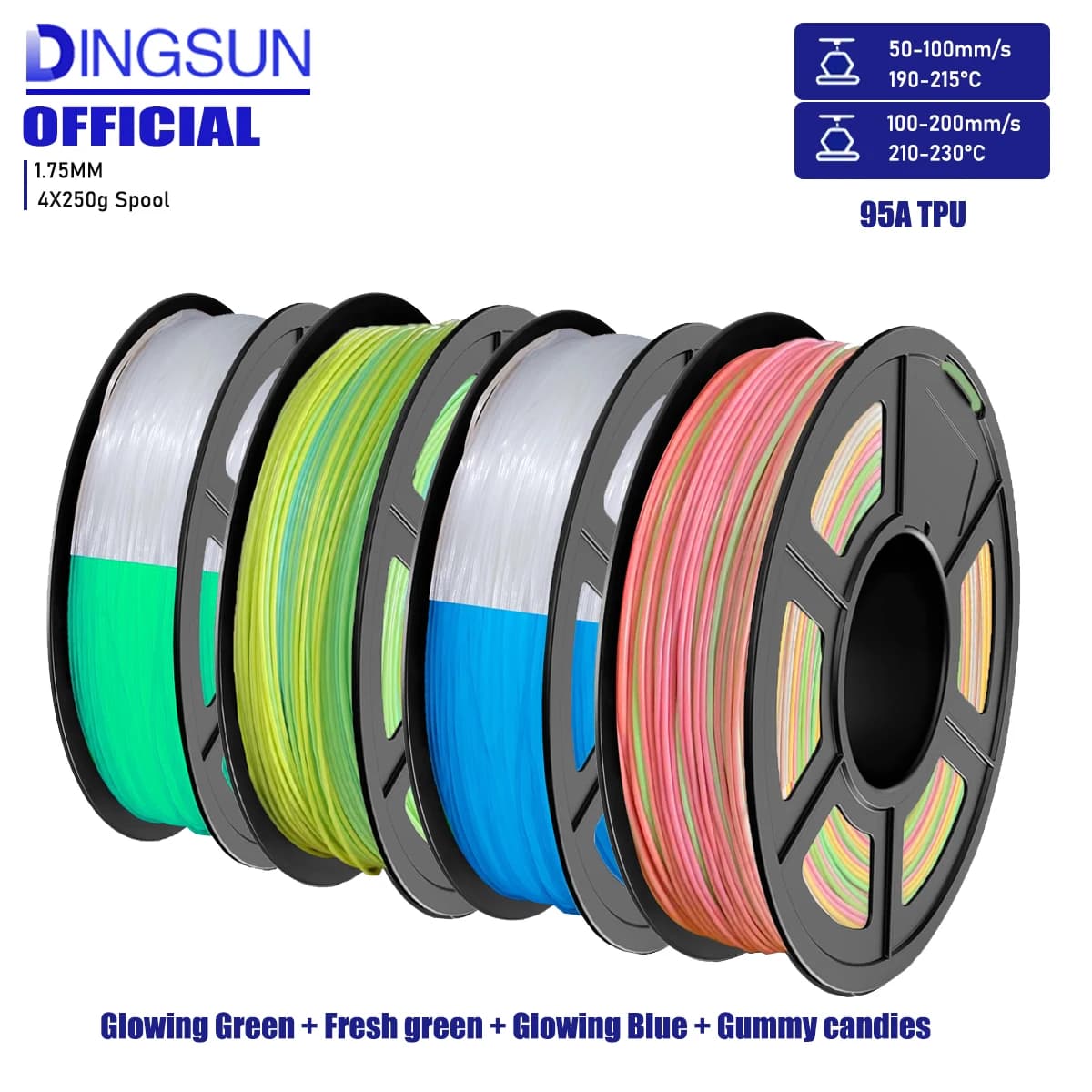 TPU thread changing color, flexible filament for 3D printer, TPU with 95A hardness, color foamed rainbow, 3D printing material