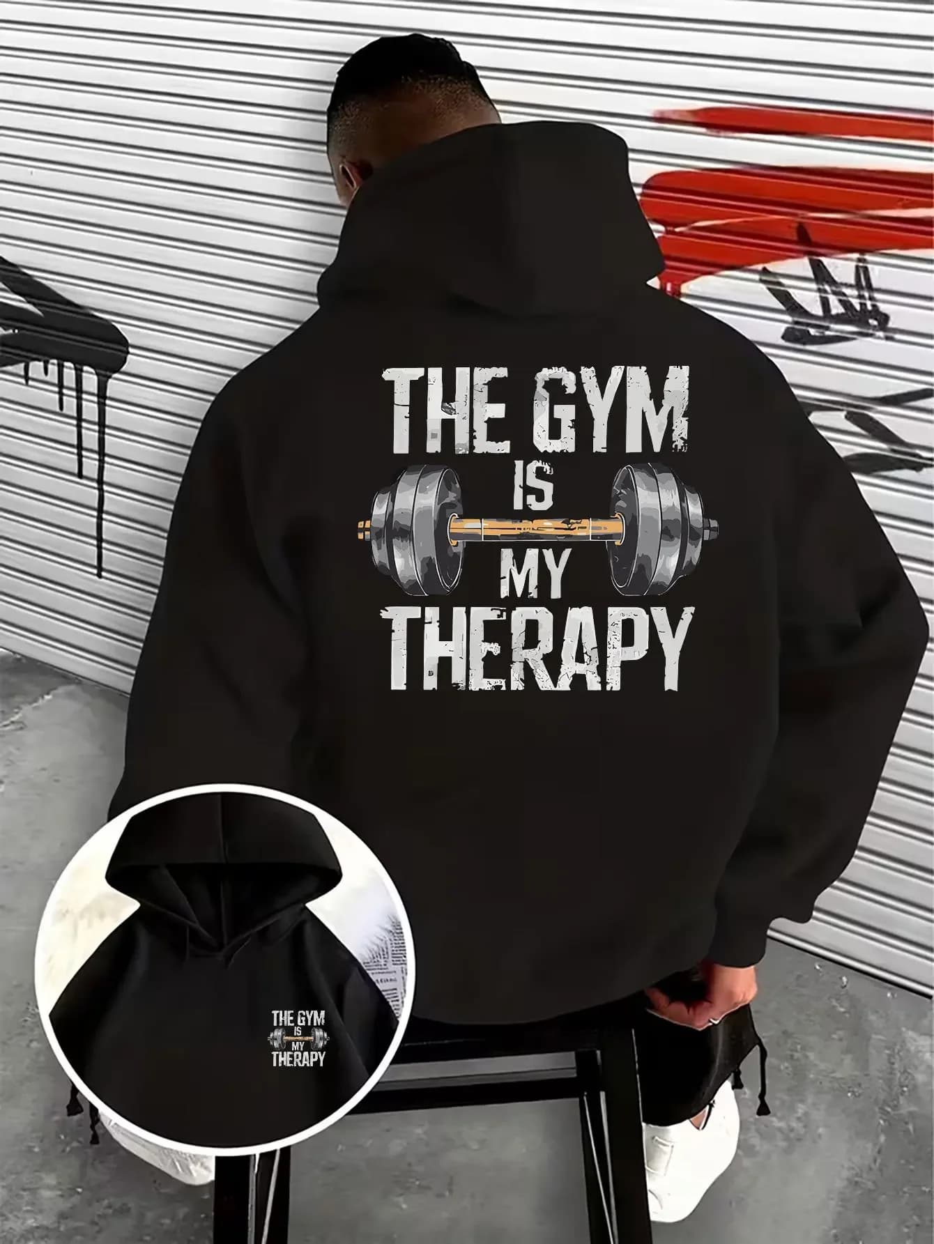 Men Bodybuilding Sports Graphic Hoodie The Gym Is My Therapy Vintage Dumbbell Back Print Pullover Loose Fleece Hoodie