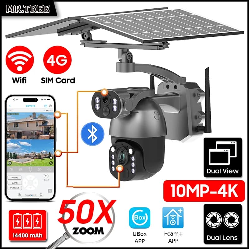 10MP 4K 50X Zoom Optical Video Solar Camera 4G SIM CCTV External SecurityWiFi Domestic Security PTZ Motion Detection IP Tracking Camera