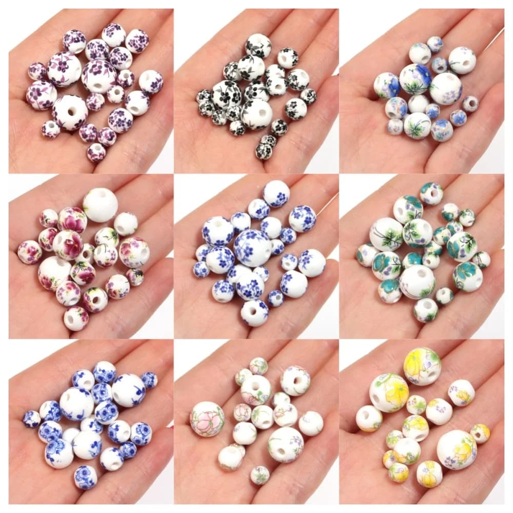 20-30pcs Round 6mm 8mm 10mm 12mm Flower Patterns Ceramic Porcelain Loose Spacer Beads For Jewelry Making DIY Bracelets Findings