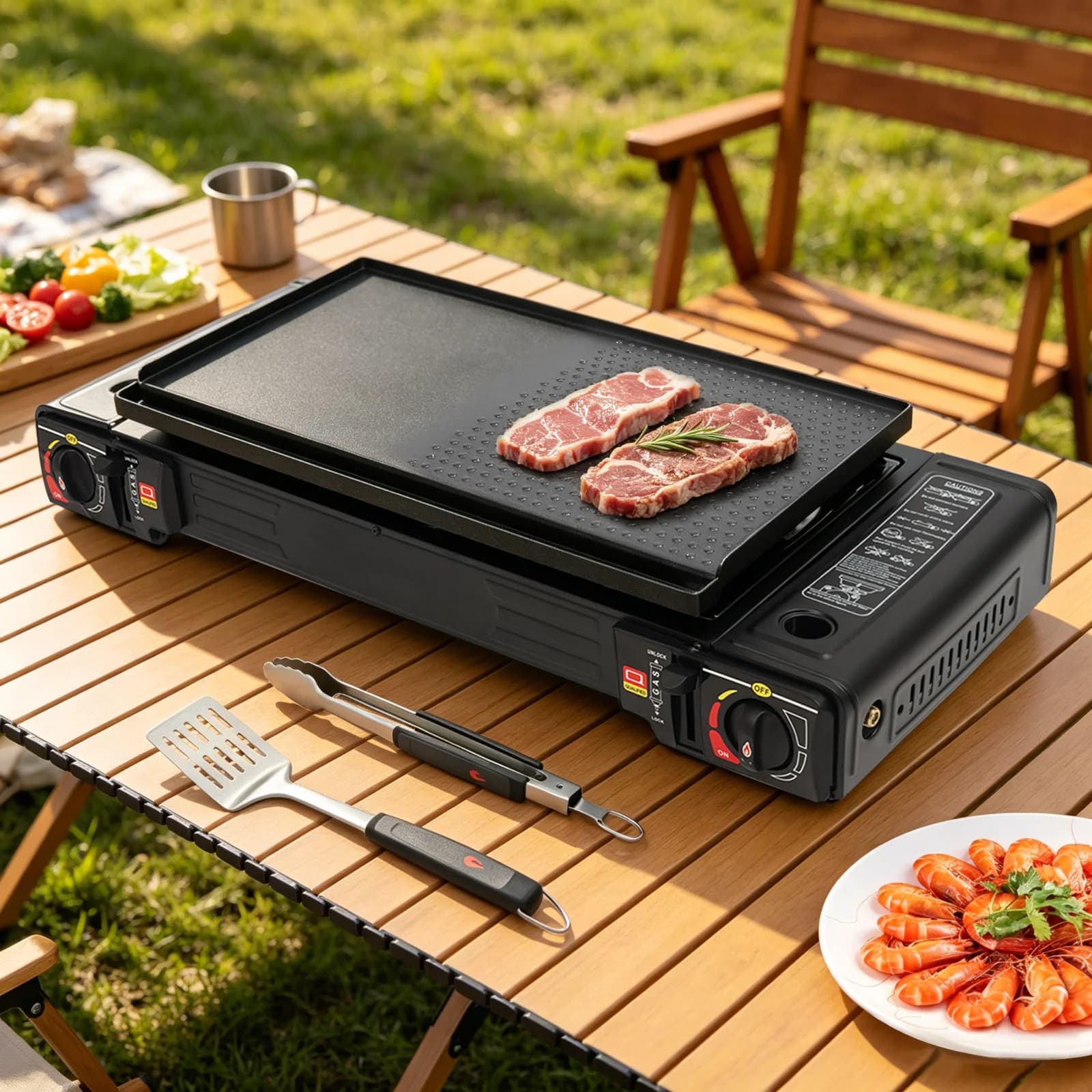 Portable Camping Stove 2 Burners Camping Stove With Baking Tray And Portable Case 2×2500W Independent Control Knob Overpressure Safety Valve Non-Stick Coating Support Cartridge & External Gas For Camping Picnic RV Backyard Outdoor Cooking