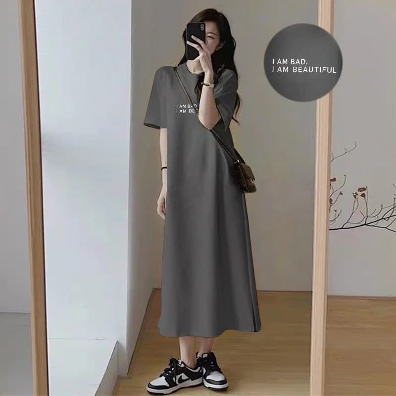Korean Letter Print Maxi Dress Women Short‑Sleeve Loose Side Split Oversized Casual Daily T‑shirt Vestido Mujer Summer