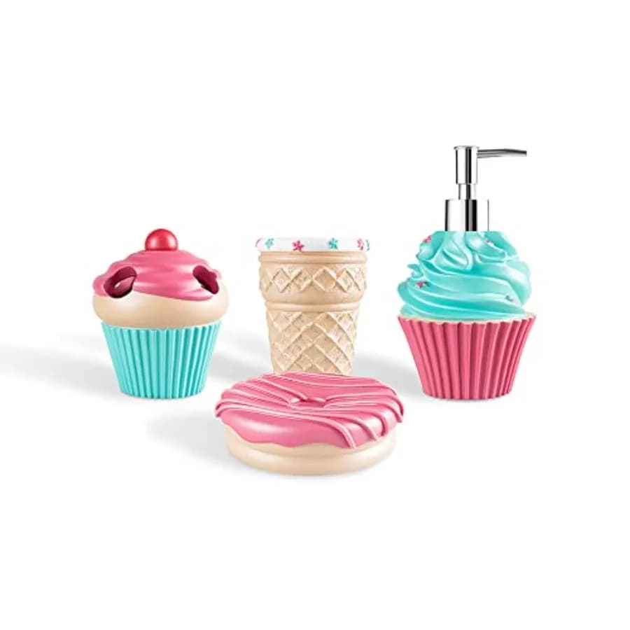 Set di Accessori per il Bagno con Dispenser per Lozione/Sapone a Forma di Milkshake, Porta Sapone a Forma di Uovo, Bicchiere da Bagno e Porta Sapone a Forma di Ciambella