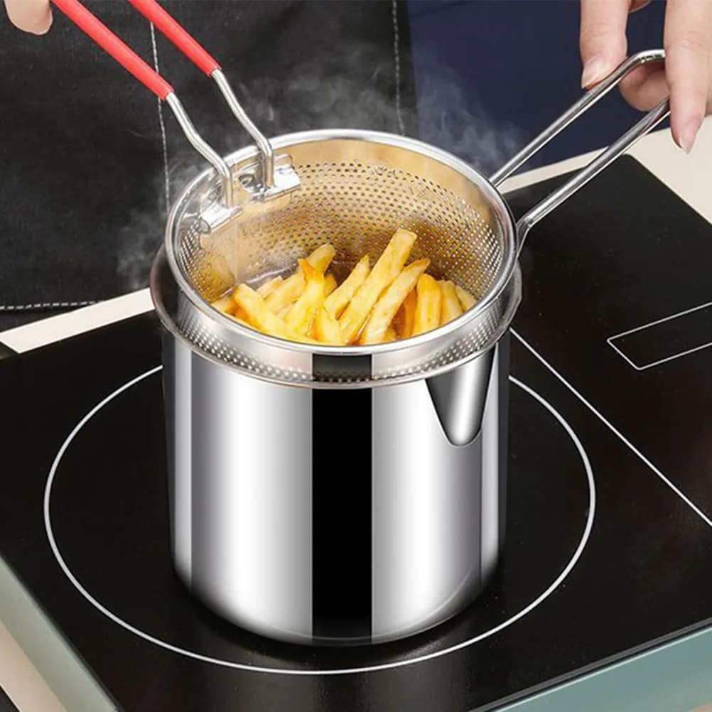 Set da 1 Pezzo: Kit per Frittura in Acciaio Inossidabile con Cestello, Manico Ergonomico, Padella Profonda per Patatine, Verdure, Carne - Utensili da Cucina