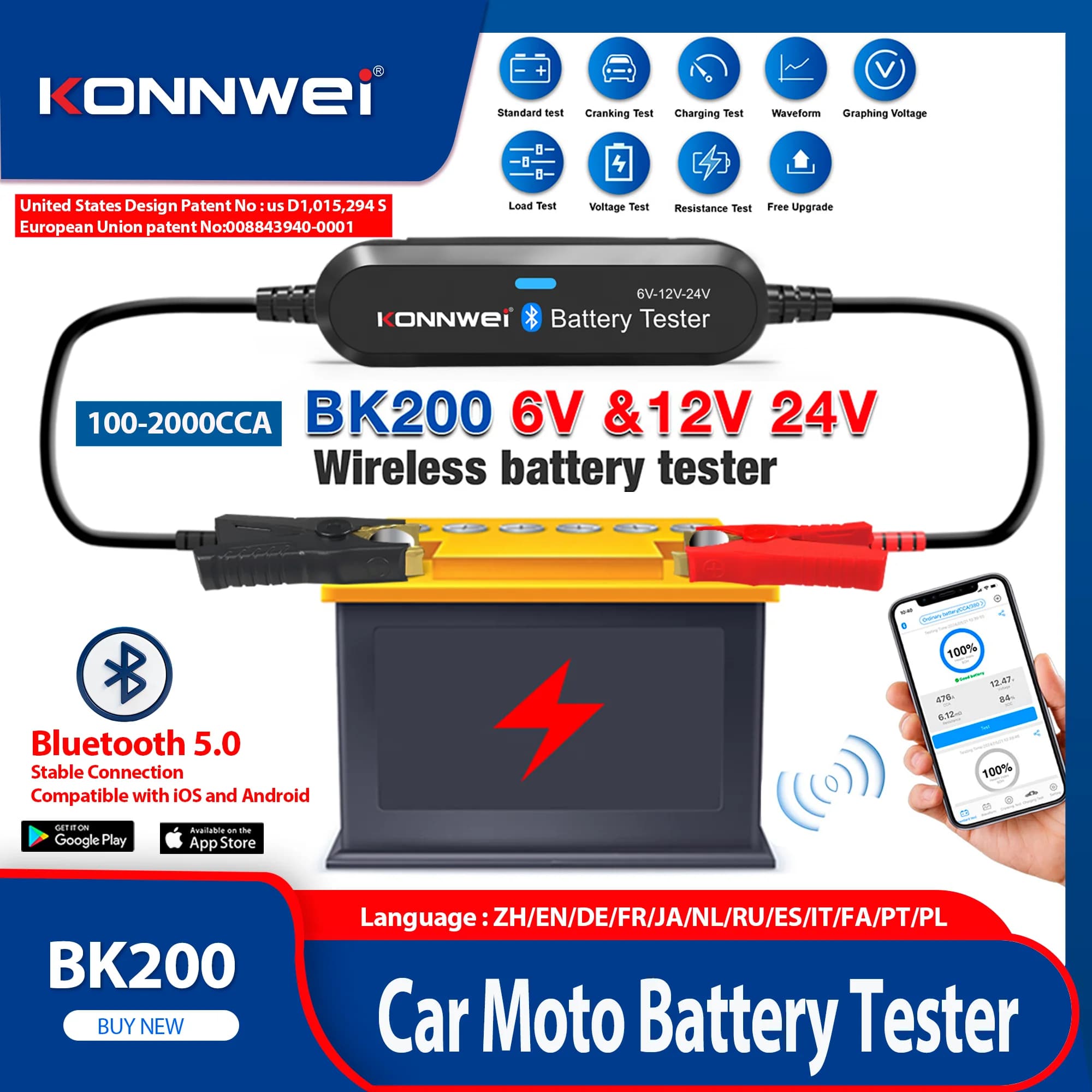 2026 KONNWEI BK200 Tester di Batterie per Auto e Moto Bluetooth 5.0 6V 12V 24V Monitor di Forma d'Onda Strumenti di Test di Carica e Avviamento 100-2000 CCA