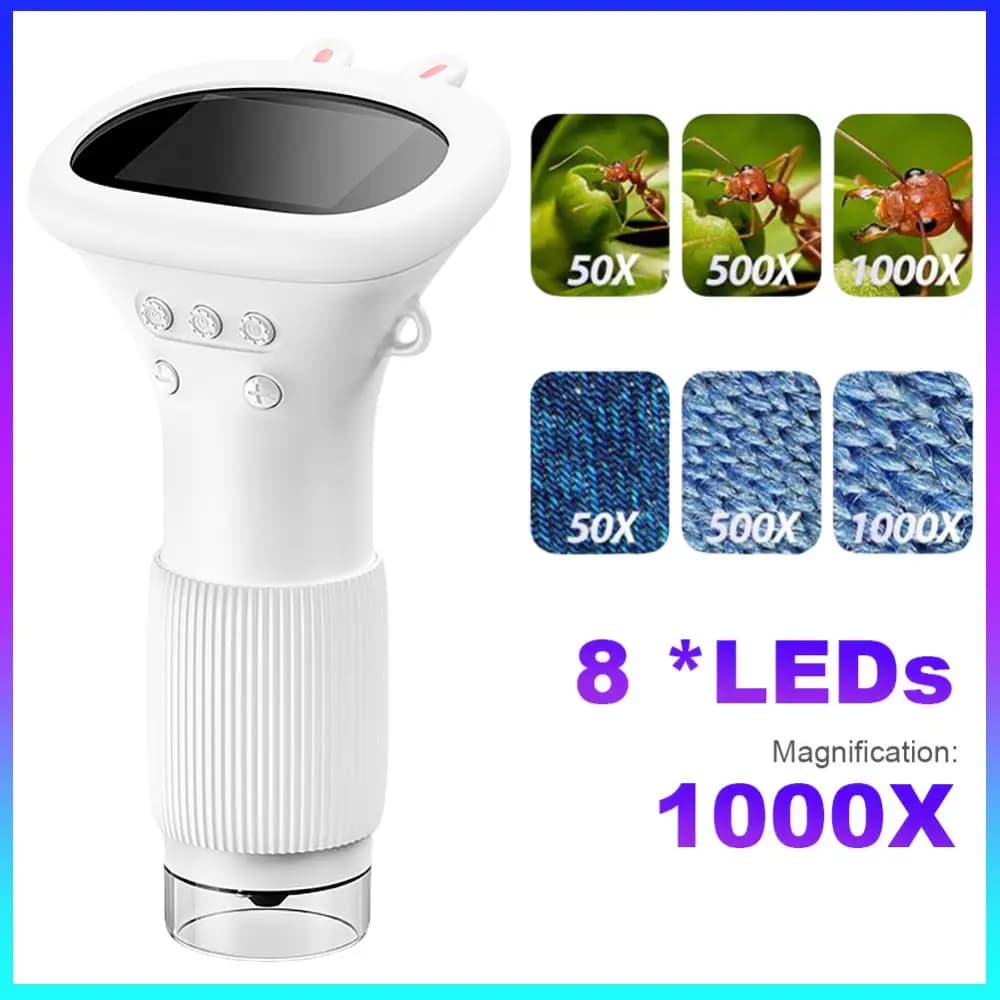 Microscopio Tascabile 1000X per Bambini con Schermo IPS da 2 Pollici, Lente da 2MP per Insetti e Monete, Mini Microscopio Portatile