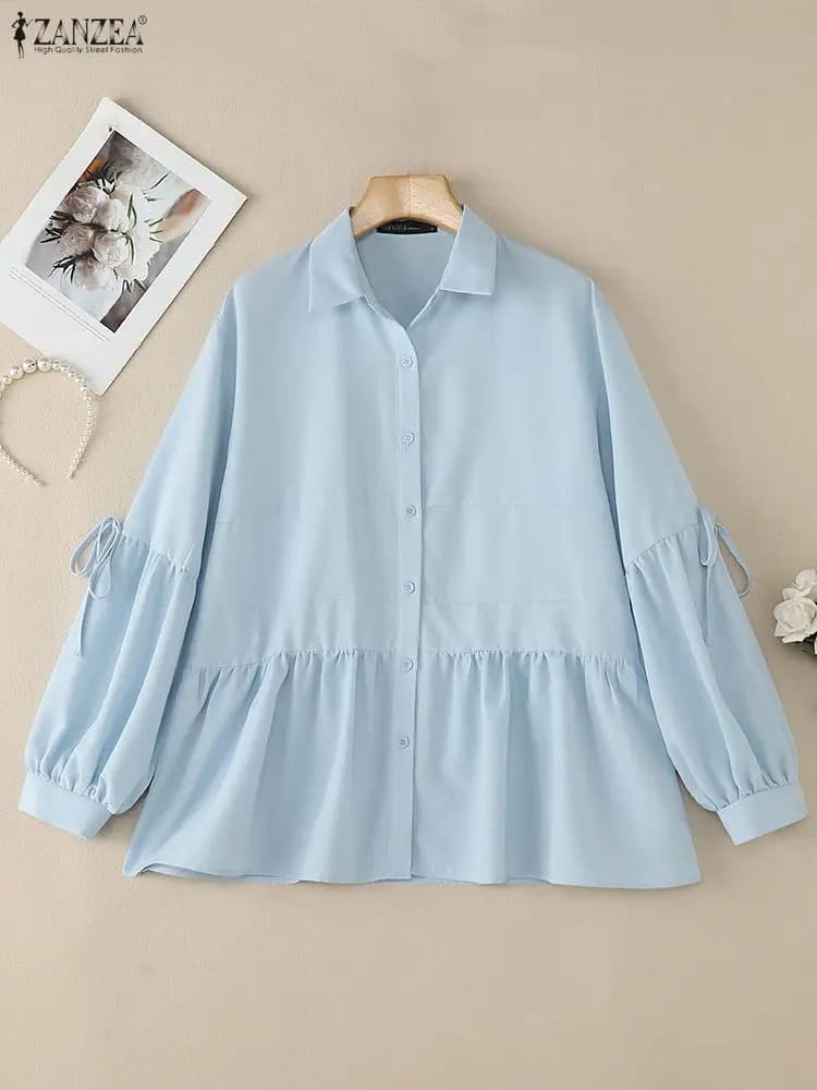 2025 ZANZEA Autunno Camicia da ufficio Camicetta da donna Elegante risvolto Collo Manica lunga Top Casual Lace-Up Chemise Solid Button Down Blusas