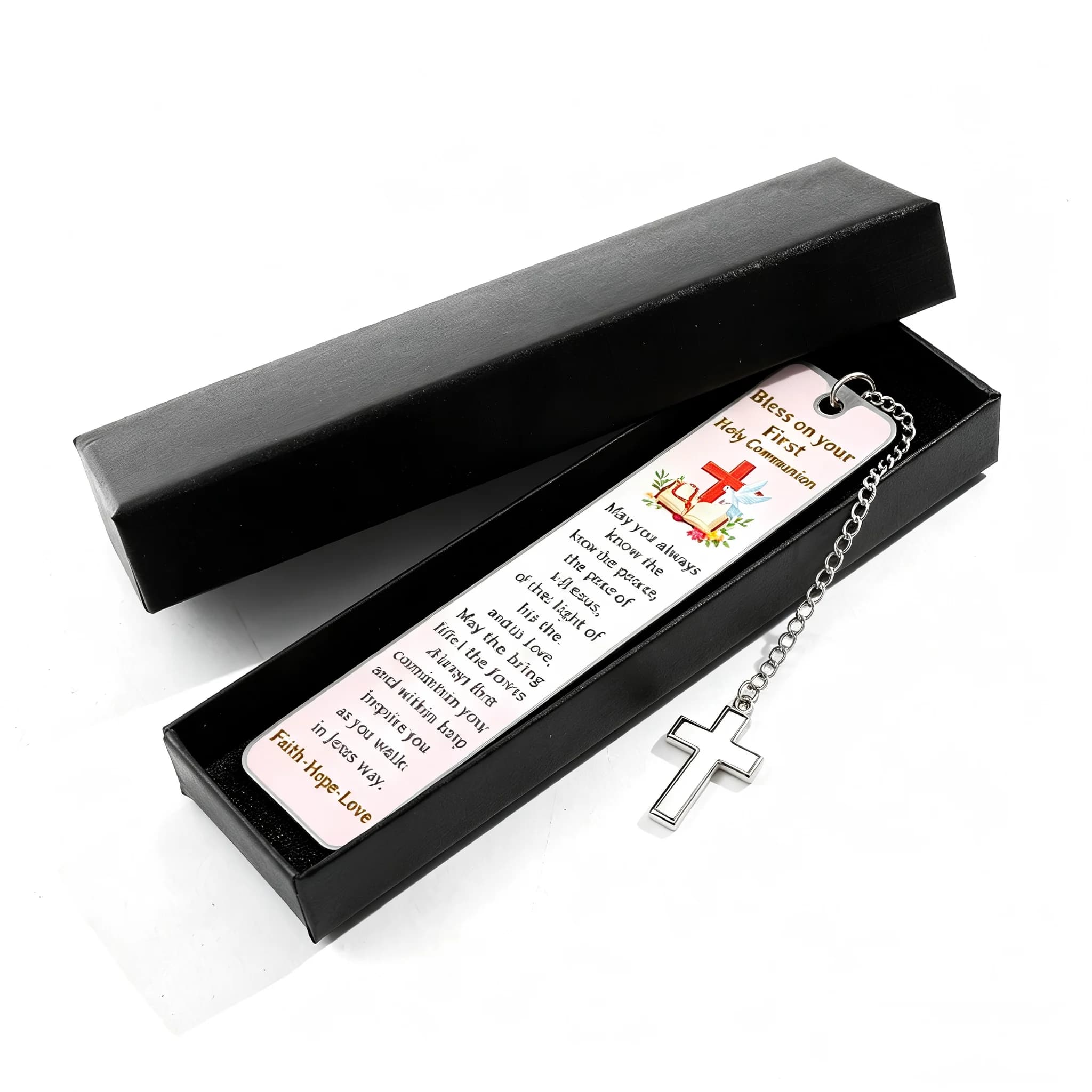 Segnalibro in Metallo per Prima Comunione con Catena a Croce, Versetto Biblico Ispirazionale, Segnapagina Cristiano, Confezione Regalo Religiosa