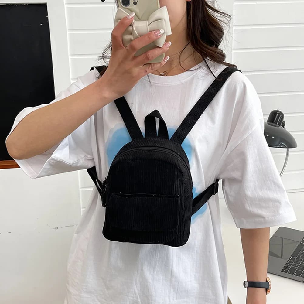 Mini zaino moda donna Zaino in velluto a coste tinta unita Zaino semplice per ragazze studentesse Zaino da viaggio retrò per viaggi scolastici