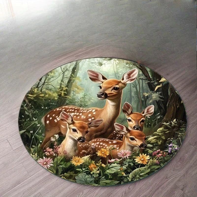 Vintage Oil Painting Four Fawn Deer Circular Area Rug Green Jungle Wild Flower Print Anti Slip Round Doormat Nature Floor Rug