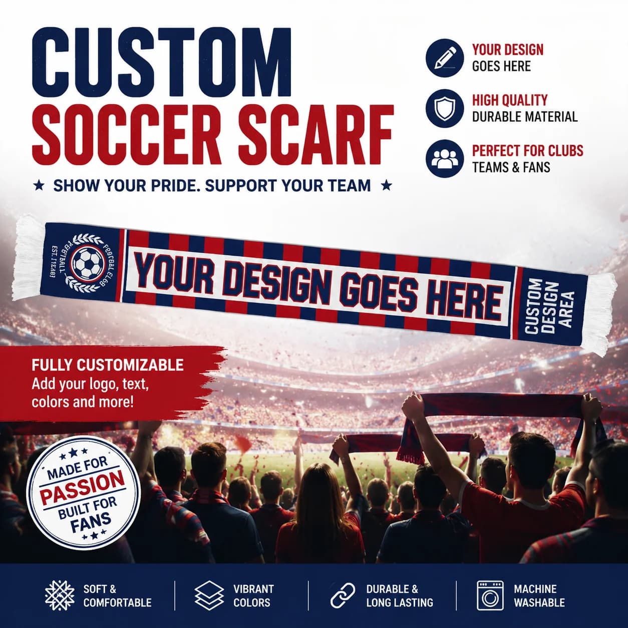 Custom Printed Football Scarf DIY Personalised Team Logo Name Soccer Fans Scarves with Fringes Tassels Sports Souvenir
