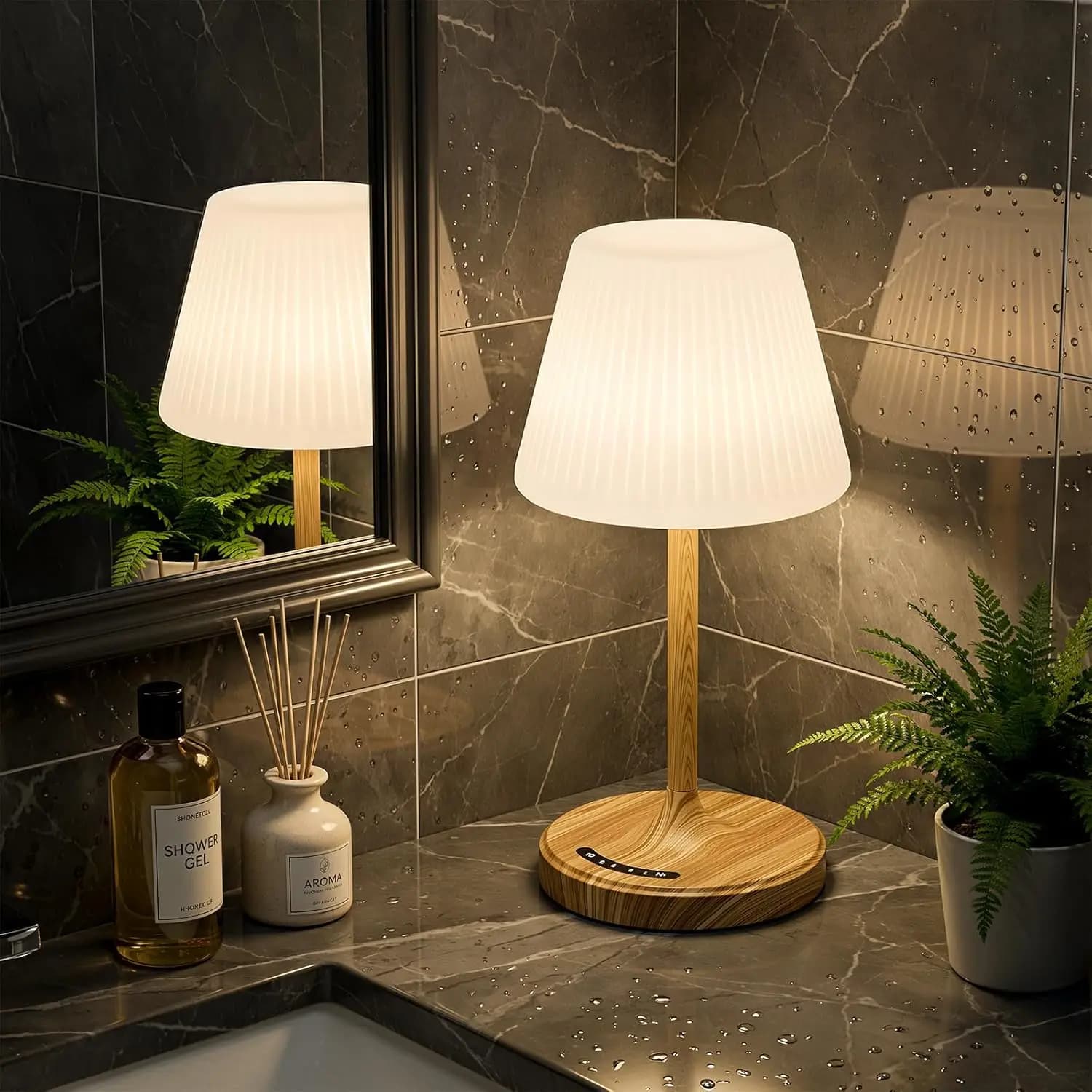 Lampada da Tavolo Ricaricabile Impermeabile Senza Fili per Doccia, Bagno, Cucina, Scrivania - Dimmerabile a Tocco con Batteria da 4000mAh