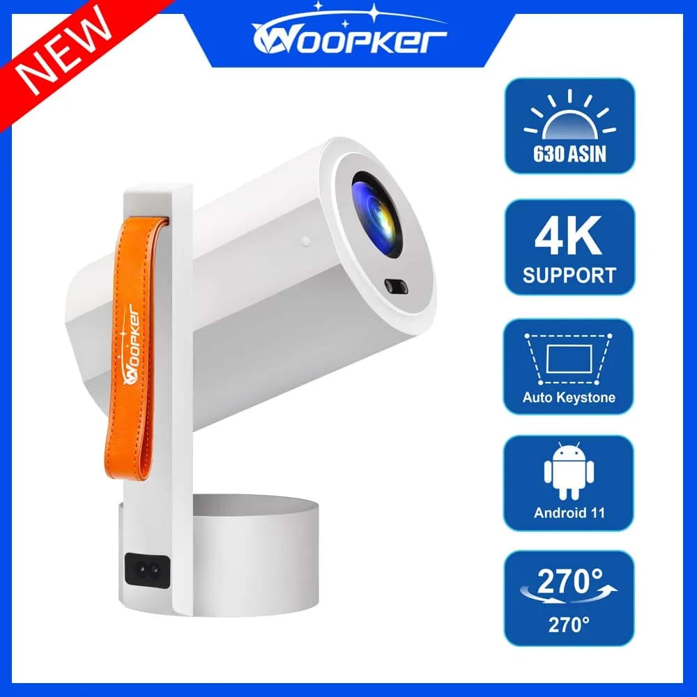 Proiettore Woopker 4K 630Ansi Android 11 Doppio WIFI Messa a fuoco elettronica Correzione automatica della chiavetta Proiettore portatile Home Theater
