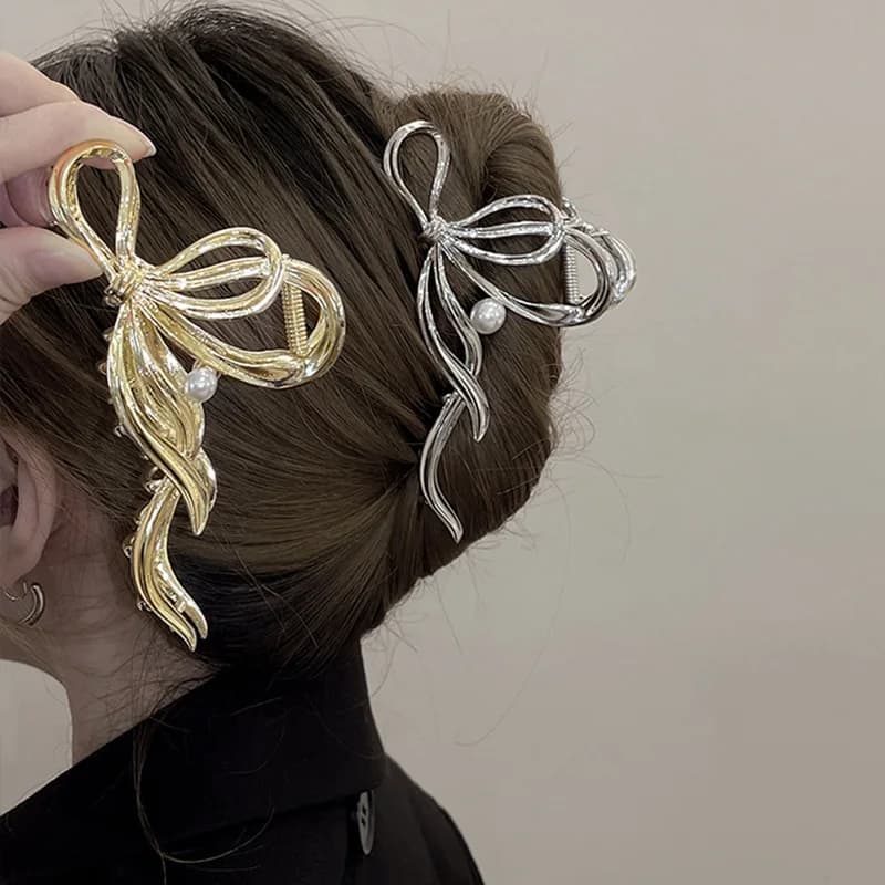 Fashion Elegant Women Bow Pearl Hair Claw Clips Large Geometric Metal Back Head Shark Clips Hairpins Headwear Hair Accessories