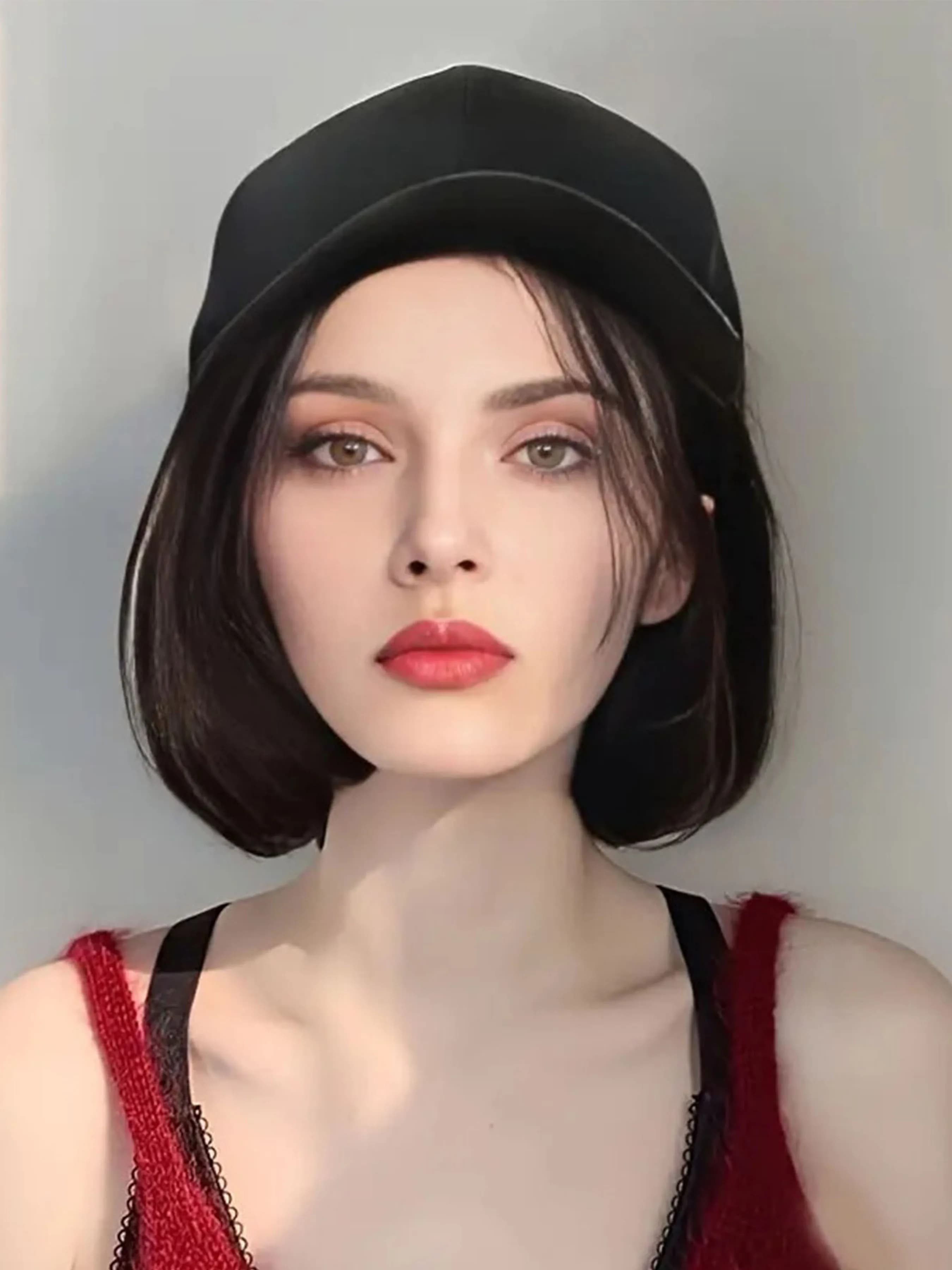 Parrucche per cappelli Parrucca sintetica corta Bob diritta con berretto da baseball nero Parrucche per cappelli regolabili Estensioni dei capelli lisci per le donne Moda