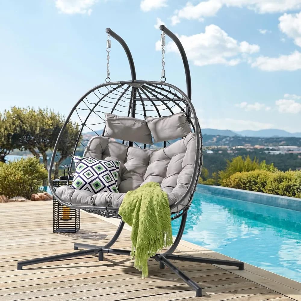 Double-egg rocking chair for 2 people with indoor and outdoor support, hanging egg chair in patio wicker rattan with pillow, pillow, fo