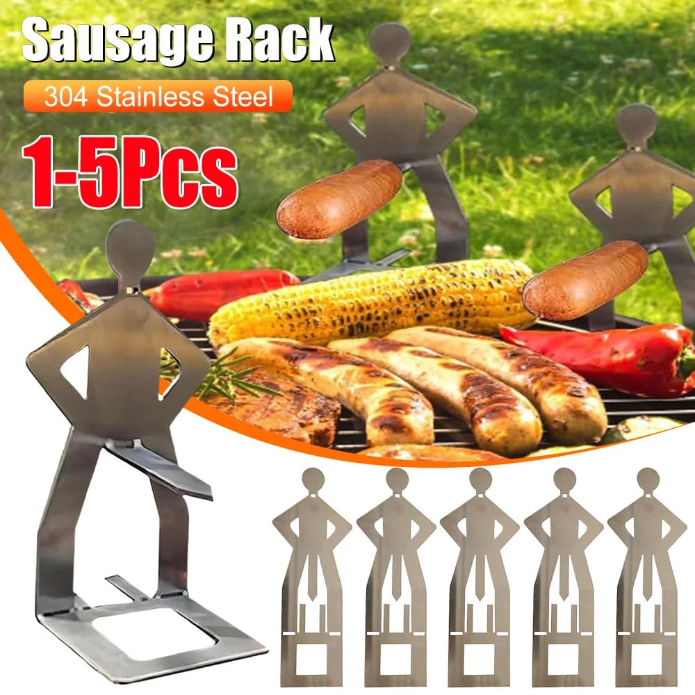Supporto per Salsicce BBQ 5-1 Pezzi in Acciaio Inossidabile, Griglia Riutilizzabile per Hot Dog, per Campeggio Esterno, Regali Originali per Feste e Campeggio