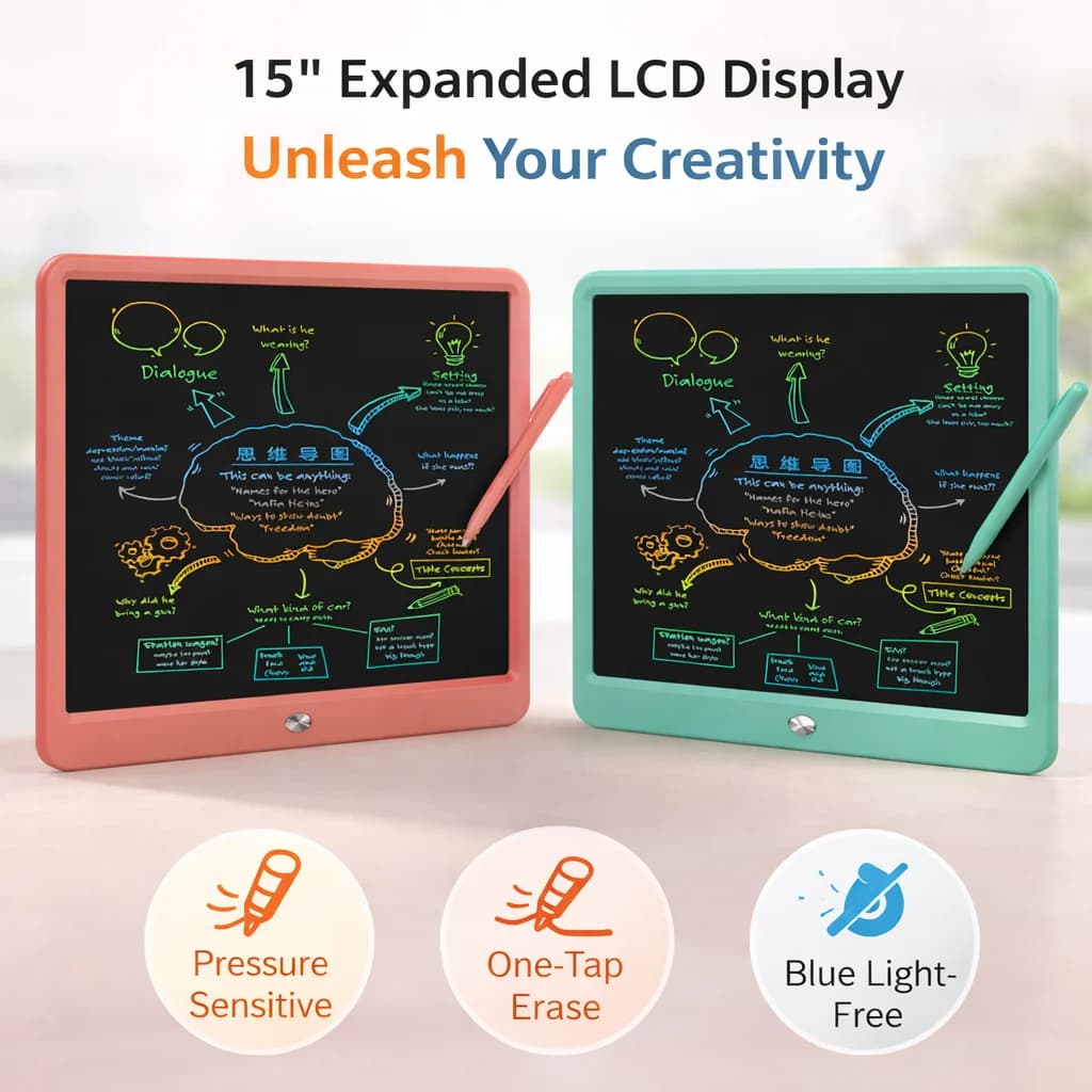 Tavoletta LCD da 15 Pollici per Bambini, Lavagna per Disegno a Colori con Stilo, Cancellazione con Un Tasto, Blocco Schermo, Pad Riutilizzabile per Graffiare