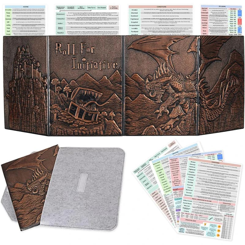 Dungeon Master Screen in ecopelle goffrata Dragon & Mimic, quattro pannelli con tasche Schermo DM per Dungeons and Dragon