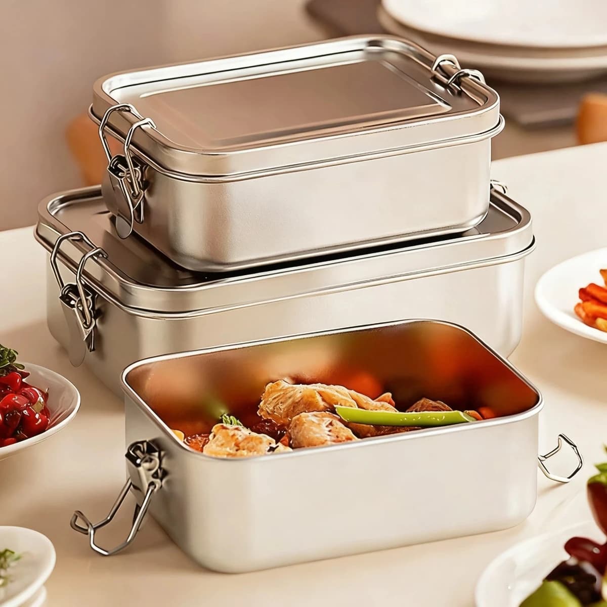 WORTHBUY Bento Box in acciaio inossidabile 304 Scatola da pranzo portatile in metallo per bambini Contenitori per alimenti sigillati per adulti con clip con serratura