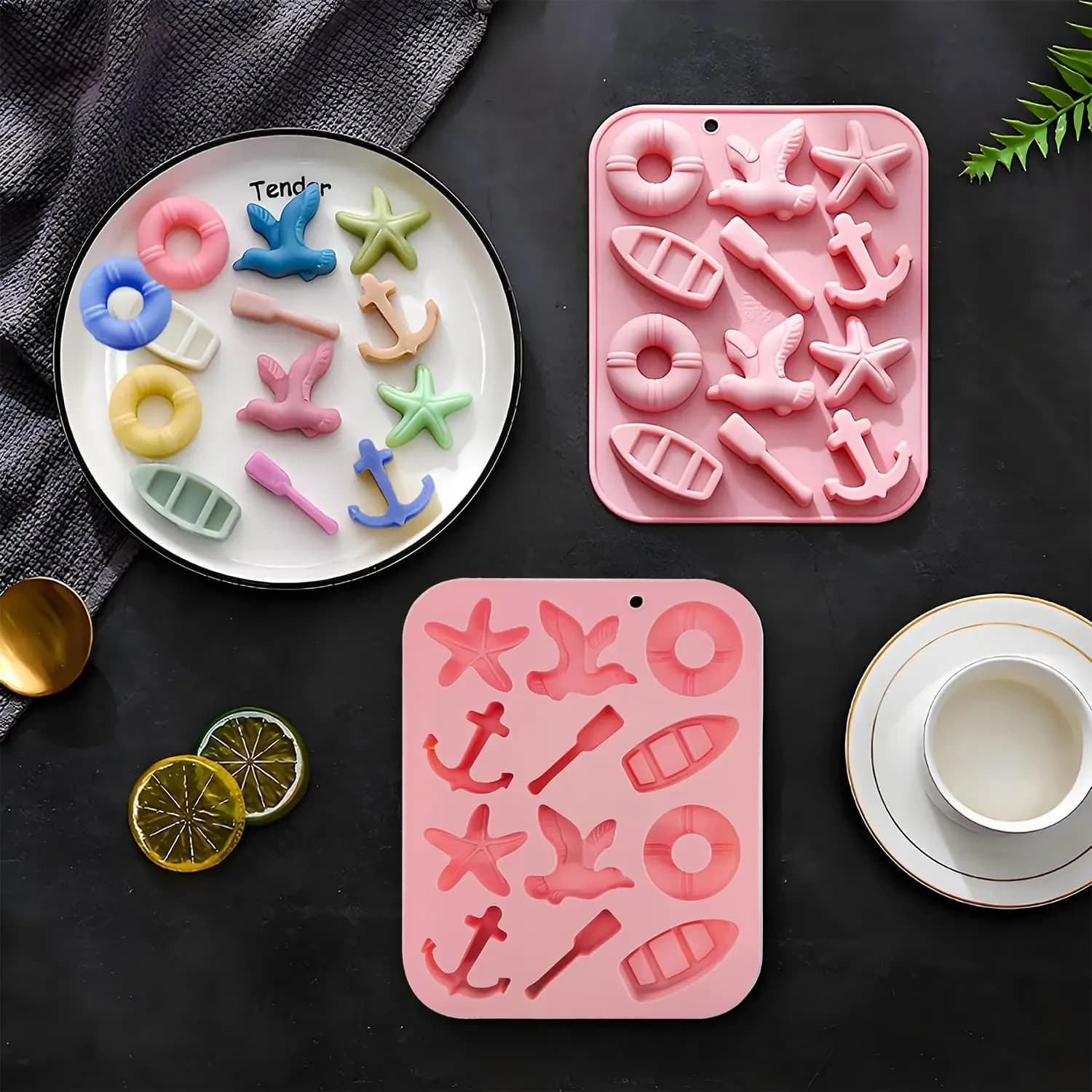 Stampi in silicone a tema spiaggia marina Conchiglia Stella marina Ancoraggio Barca Caramelle Cottura Stampo per cioccolato Jello Cubo di ghiaccio Strumento per decorare torte